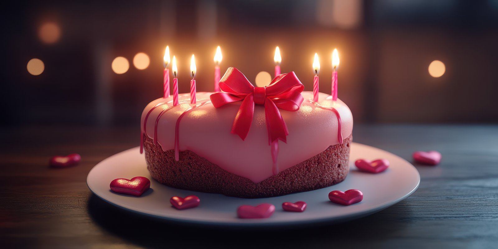 Celebrate love and joy with a beautifully decorated pink heart-shaped cake adorned with candles
